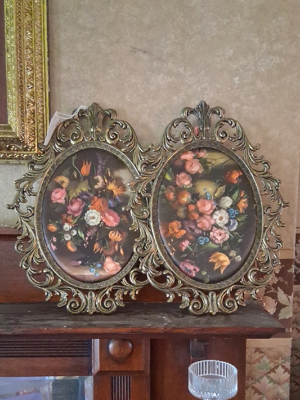 Vintage Pair Ornate Floral Oval Wall Plaques in Gold Tone